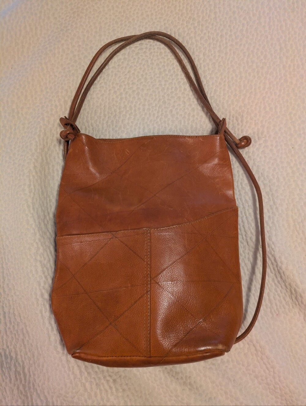 Leather Drawstring Convertible Backpack To  Shoulder Bag in Cognac